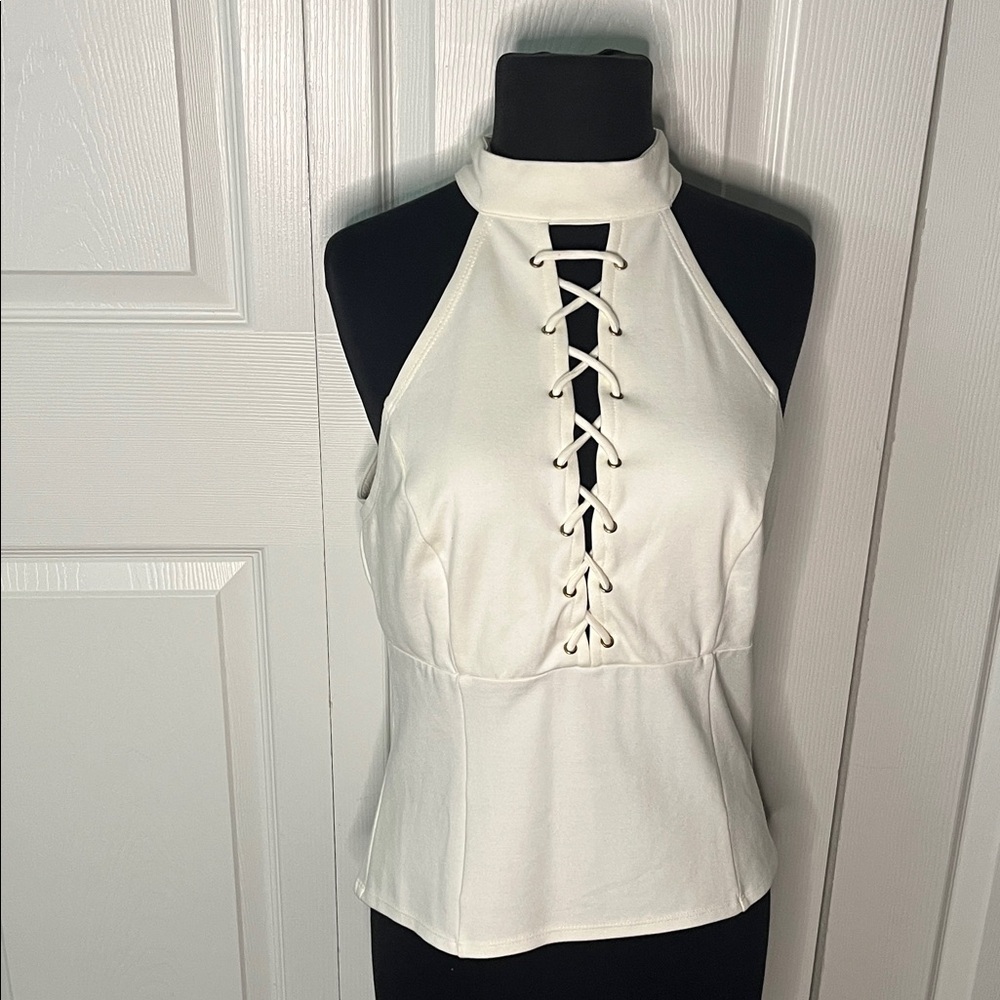 Bebe White Women’s Lace-Up Halter Top Size Large